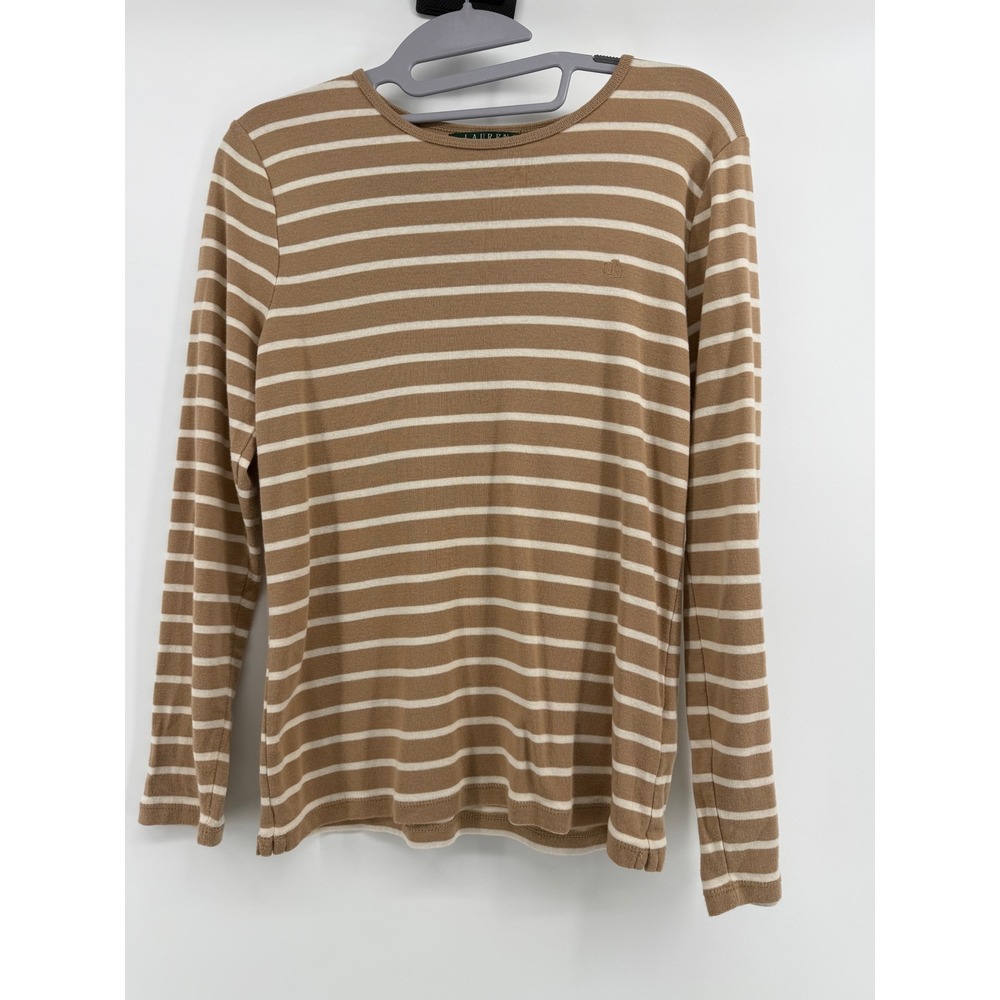 Lauren Ralph Lauren Striped Long Sleeve Top Size M Cotton Tan White Preppy‎ Core